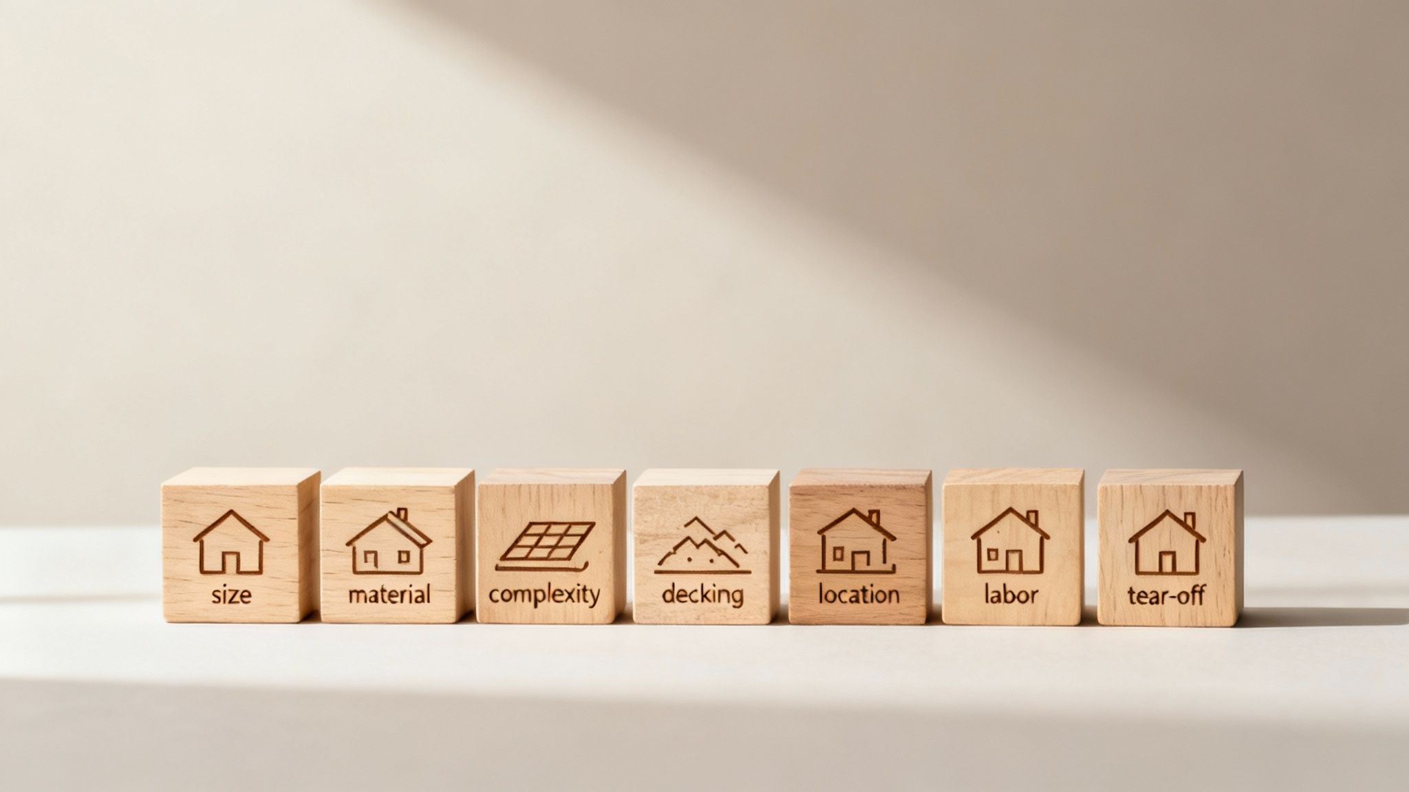 Seven wooden blocks listing factors for roof cost: size, material, complexity, decking, location, labor, tear-off.